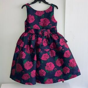 Janie & Jack Navy Pink Rose Peplum Party Holiday Special Dress Size 5